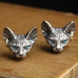 Silvery Sphynx Cat Stud Earrings with Golden Hoops Z164